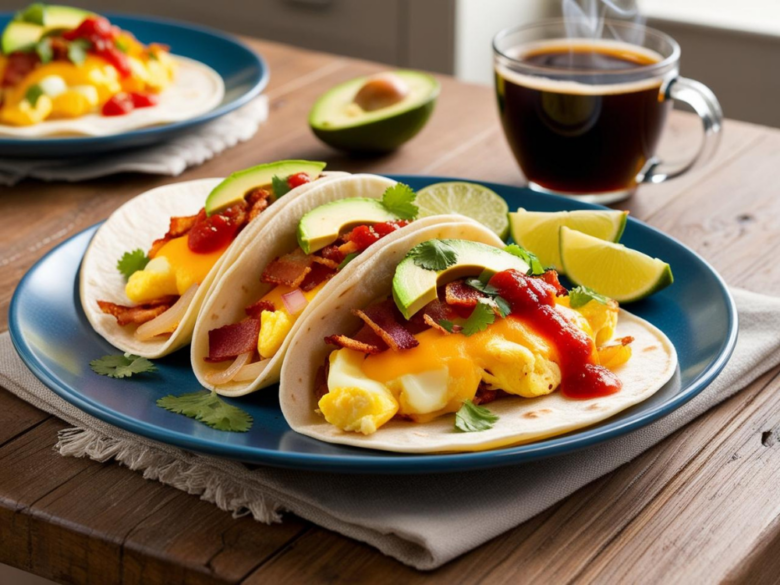 Three breakfast tacos on a blue plate, loaded with scrambled eggs, crispy bacon, melted cheese, avocado slices, and a drizzle of salsa, served with lime wedges and coffee.