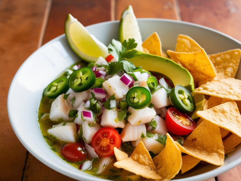 A plated serving of ceviche on a white dish, topped with avocado, jalapeños, and cherry tomatoes, with tortilla chips on the side.