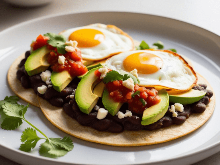 Angle view of two tortillas topped with black beans, eggs, avocado, salsa, and queso fresco.