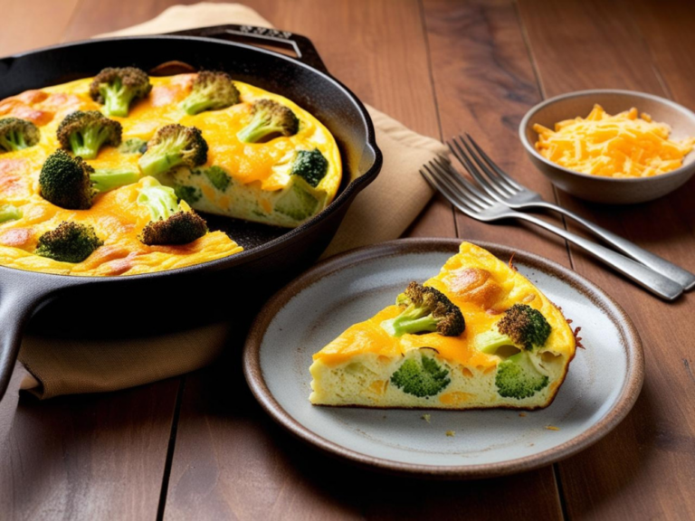 Broccoli and Cheddar Frittata Slice on a Plate with Fresh Cheese and Forks