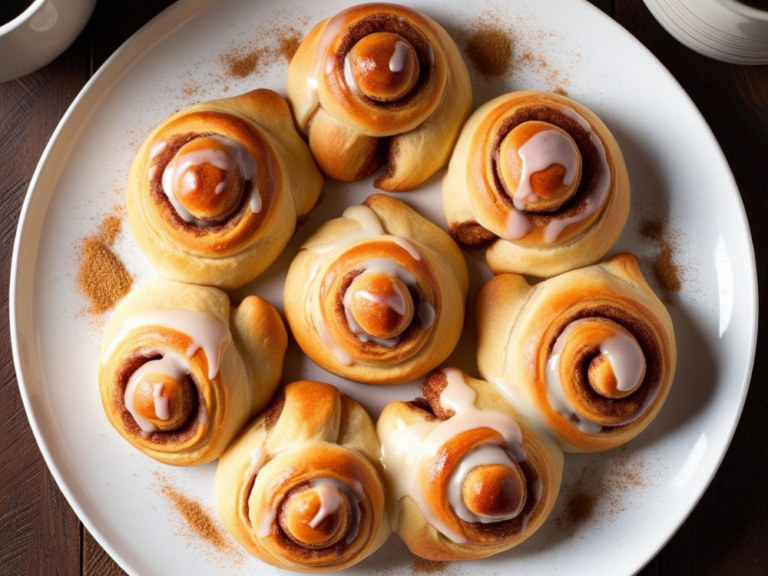 Cinnamon swirl crescent rolls drizzled with icing, arranged on a white plate with a dusting of cinnamon sugar.