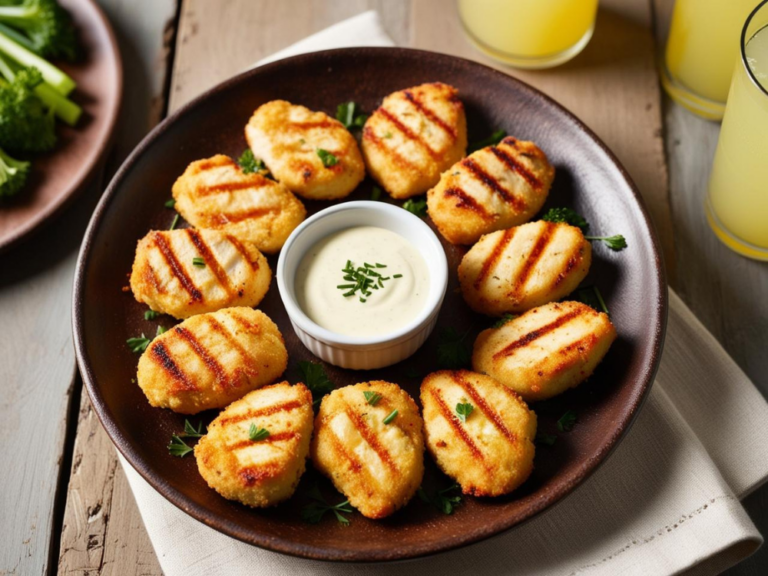 A circular arrangement of grilled chicken nuggets with grill marks on a dark wooden plate, surrounding a small cup of creamy dipping sauce, garnished with parsley.
