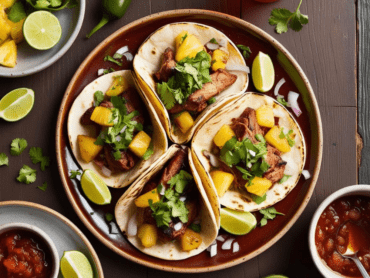 Four soft corn tortilla Tacos al Pastor with grilled pork, pineapple, and fresh toppings.