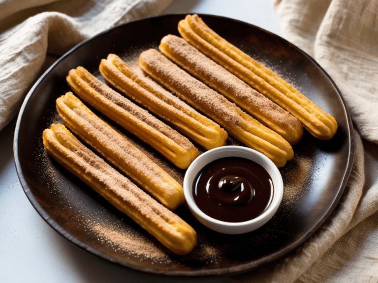 Six golden churros neatly lined up on a dark brown plate, with a small bowl of thick chocolate sauce ready for dipping.