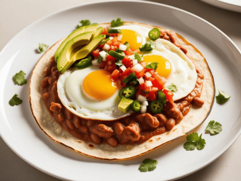 Overhead shot of Huevos Rancheros with refried beans, avocado, jalapeños, pico de gallo, and eggs on a crisp tortilla.