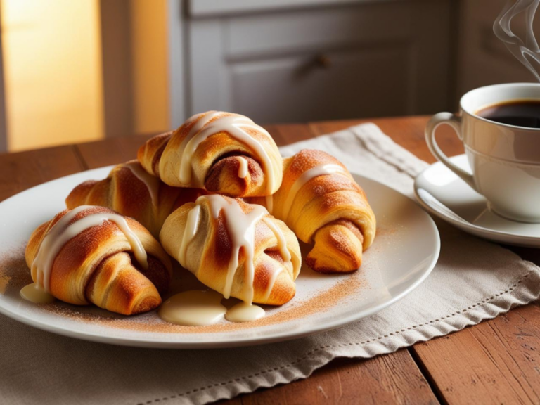 A cozy kitchen setting with cinnamon crescent rolls on a plate, accompanied by a cup of steaming coffee.