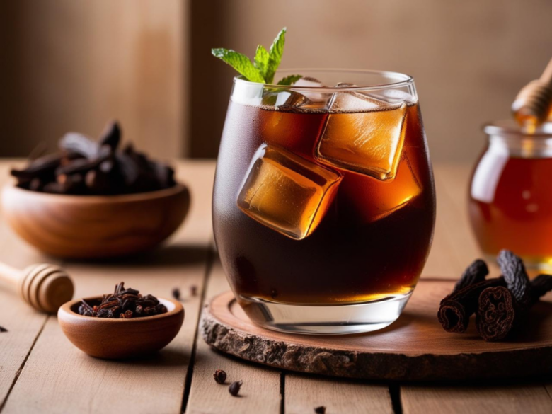 A short glass of iced Licorice Root Cold Brew with mint garnish, honey, and licorice root pieces arranged on a wooden tray.