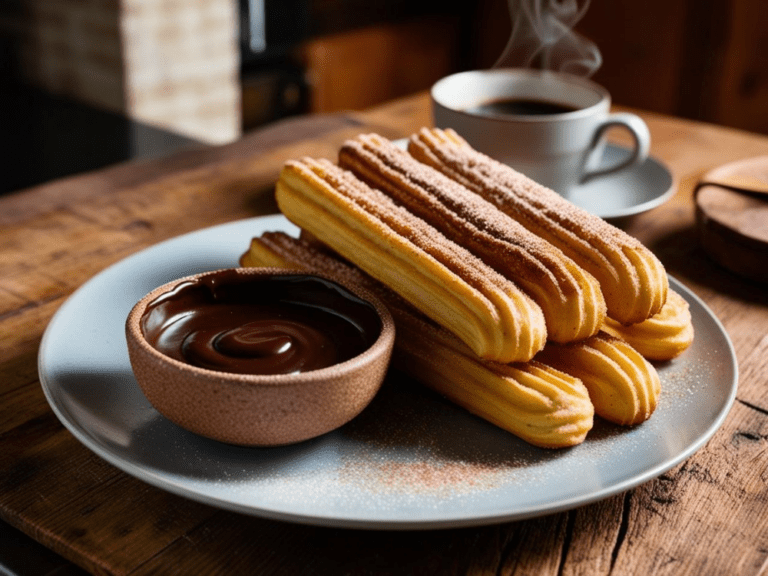 A rustic presentation of churros on a wooden table, served with a textured brown bowl of thick chocolate sauce and a cup of coffee in the background.