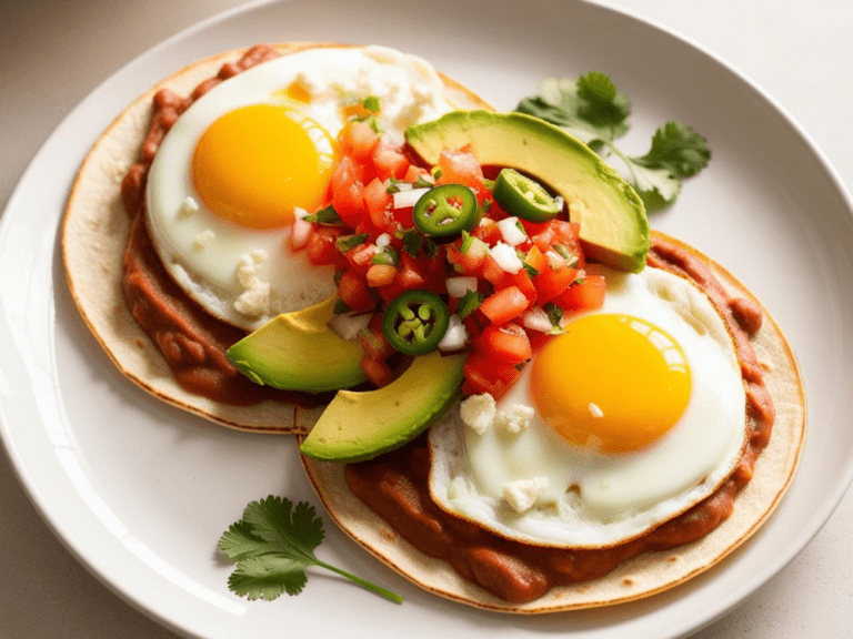 Huevos Rancheros with two eggs, avocado, fresh pico de gallo, and jalapeño on a bean-covered tortilla.