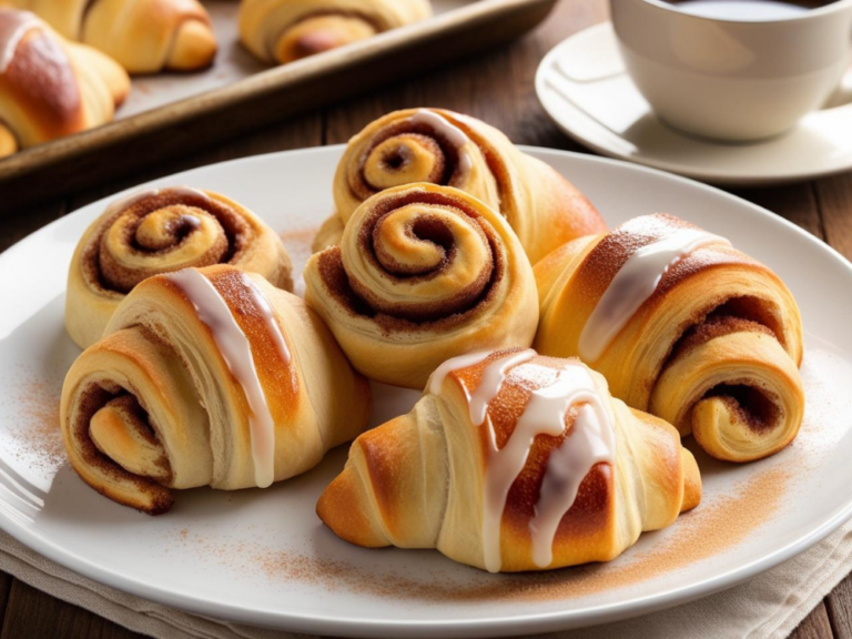 Cinnamon crescent rolls arranged on a white plate, showing the soft, fluffy layers inside.