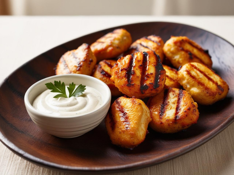 A plate of grilled chicken nuggets arranged neatly on a dark wooden plate, served with a bowl of creamy dipping sauce garnished with parsley.