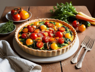 Vibrant vegetable quiche with a golden crust, surrounded by carrots, cherry tomatoes, and zucchini.