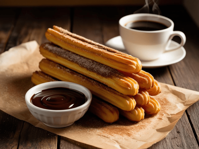 A stack of churros on parchment paper with a white bowl of chocolate sauce and a steaming cup of coffee in the background.