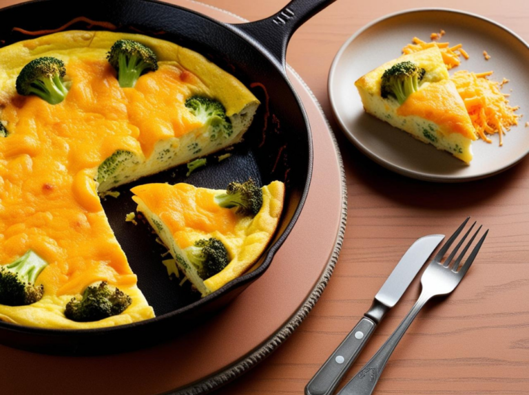 Overhead View of a Broccoli and Cheddar Frittata with a Missing Slice