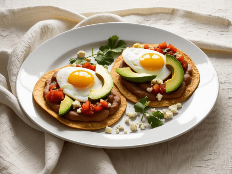 Huevos Rancheros served on crispy tortillas with beans, diced tomato salsa, avocado, and sunny eggs.