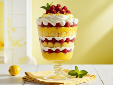 A full Lemon Raspberry Trifle in a glass dish, featuring perfectly layered custard, raspberries, whipped cream, and sponge cake, with a yellow-themed background.