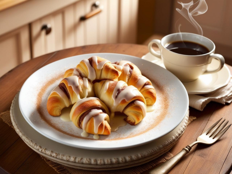 Cinnamon crescent rolls fresh out of the oven, with icing melting into the flaky layers.
