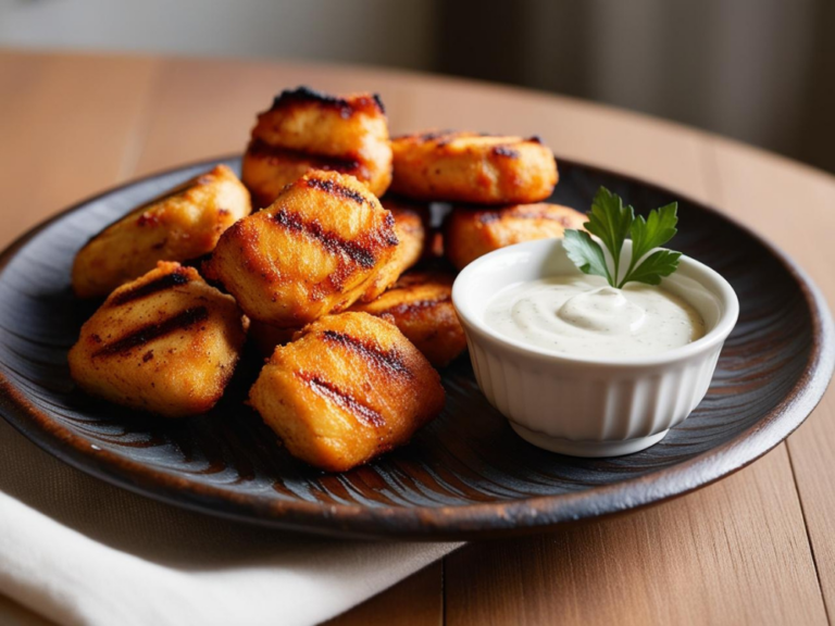 A close-up view of grilled chicken nuggets on a wooden plate, featuring golden-brown grill marks and served with a small bowl of creamy dipping sauce.