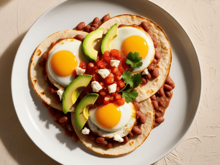 Top-down view of Huevos Rancheros with three eggs, sliced avocado, beans, and salsa, garnished with cilantro.