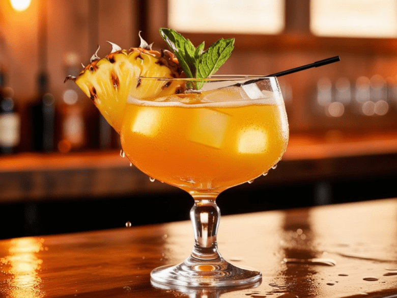 A coupe glass filled with a Smoked Pineapple Cocktail on a bar counter with condensation on the glass.