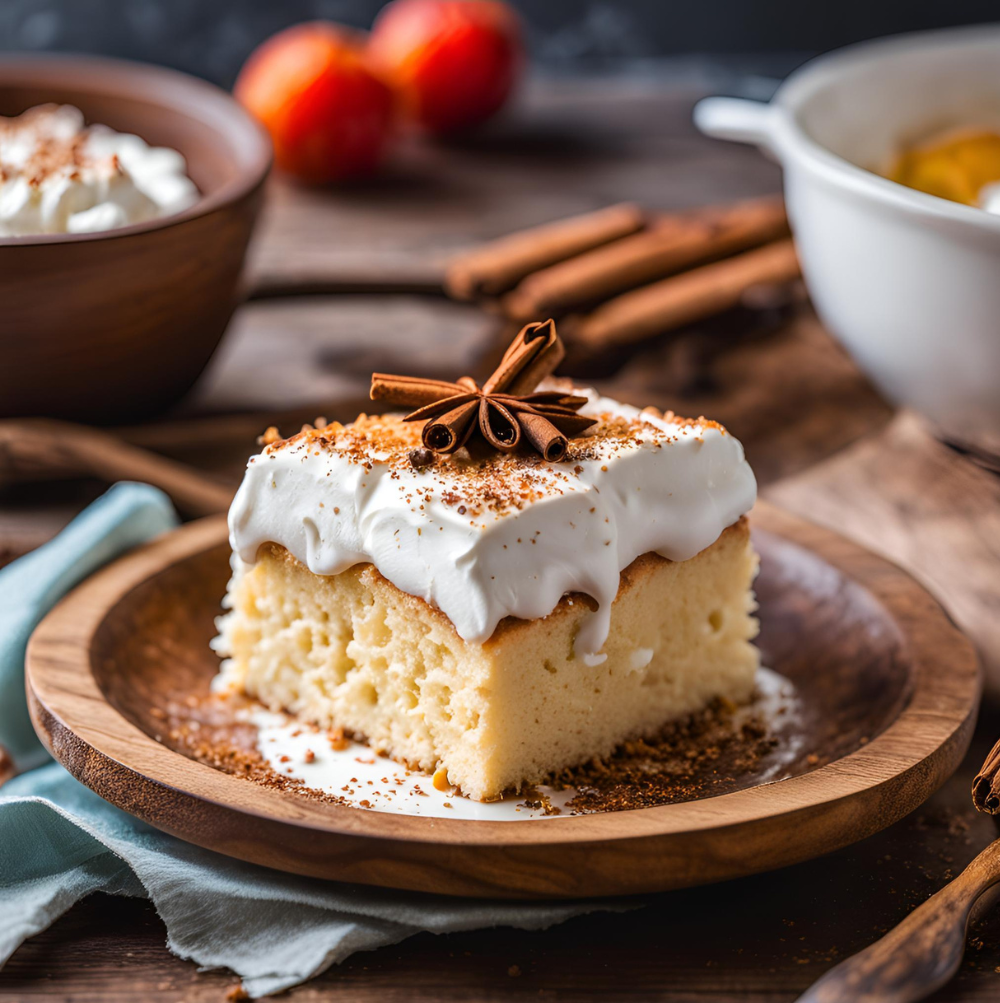 A square slice of Tres Leches Cake with whipped cream, cinnamon, and a cinnamon stick garnish, served on a wooden plate.