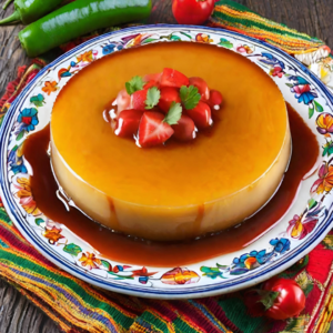 Traditional Mexican flan on a vibrant hand-painted ceramic plate, garnished with fresh strawberries and cilantro, served on a colorful woven tablecloth. The caramel sauce perfectly coats the smooth, golden custard.