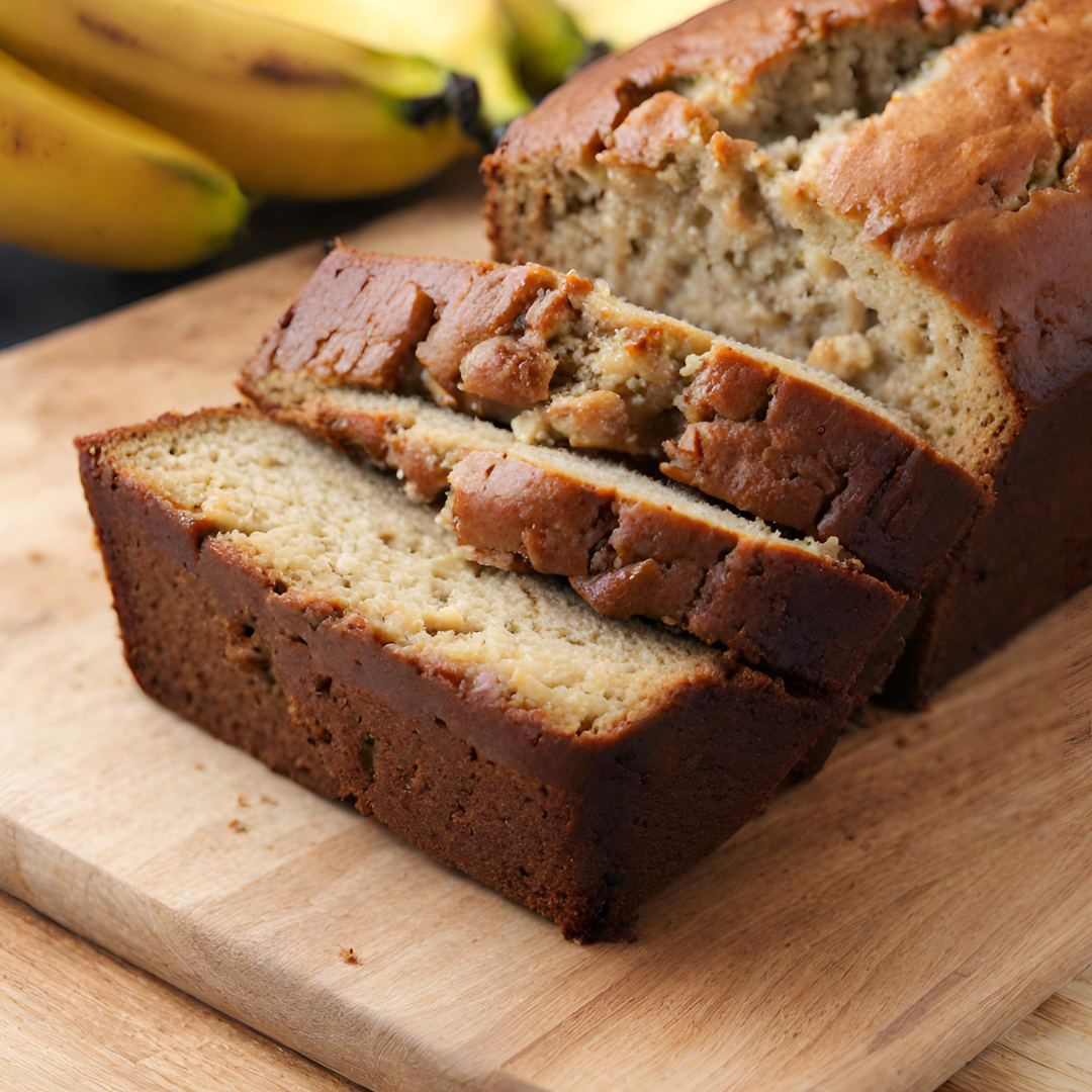 A freshly baked loaf of banana bread sits on a wooden cutting board, with three slices cut in succession, revealing a moist, tender crumb filled with bits of nuts. The background features ripe bananas, hinting at the key ingredient of the recipe.