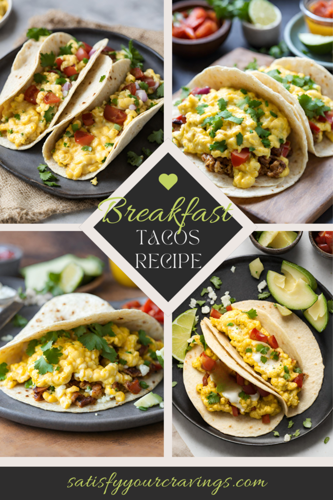 Scrumptious breakfast tacos with scrambled eggs, cheese, and fresh garnishes on a dark plate with a lime wedge and avocado slices on the side.