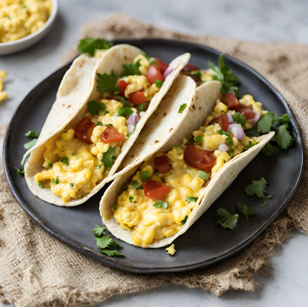 Golden scrambled eggs, diced tomatoes, and fresh cilantro in soft tortilla shells for breakfast tacos.