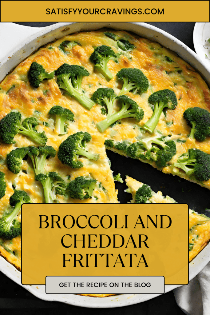 A golden-brown broccoli and cheddar frittata fresh out of the oven, garnished with chopped fresh herbs, served on a rustic wooden table.