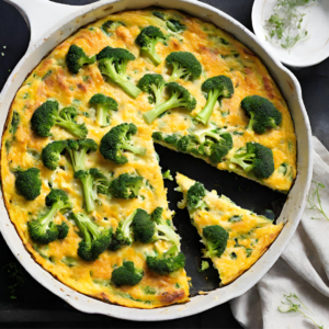 A golden-brown broccoli and cheddar frittata fresh out of the oven, garnished with chopped fresh herbs, served on a rustic wooden table.