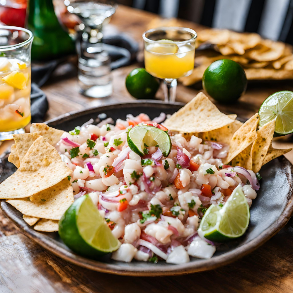 A close-up of a tantalizing classic ceviche dish garnished with lime and served with tortilla chips on a wooden table.