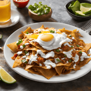 A plate of traditional chilaquiles topped with a sunny-side-up egg and drizzled with sour cream. The crispy, golden-brown tortilla chips are generously coated in a red salsa, garnished with chopped cilantro. Accompaniments include a bowl of chopped cilantro, a sliced lime, and a halved avocado, adding fresh color and inviting texture to the scene. A glass of orange juice and a small bowl of salsa sit in the background, completing this vibrant and hearty Mexican breakfast.