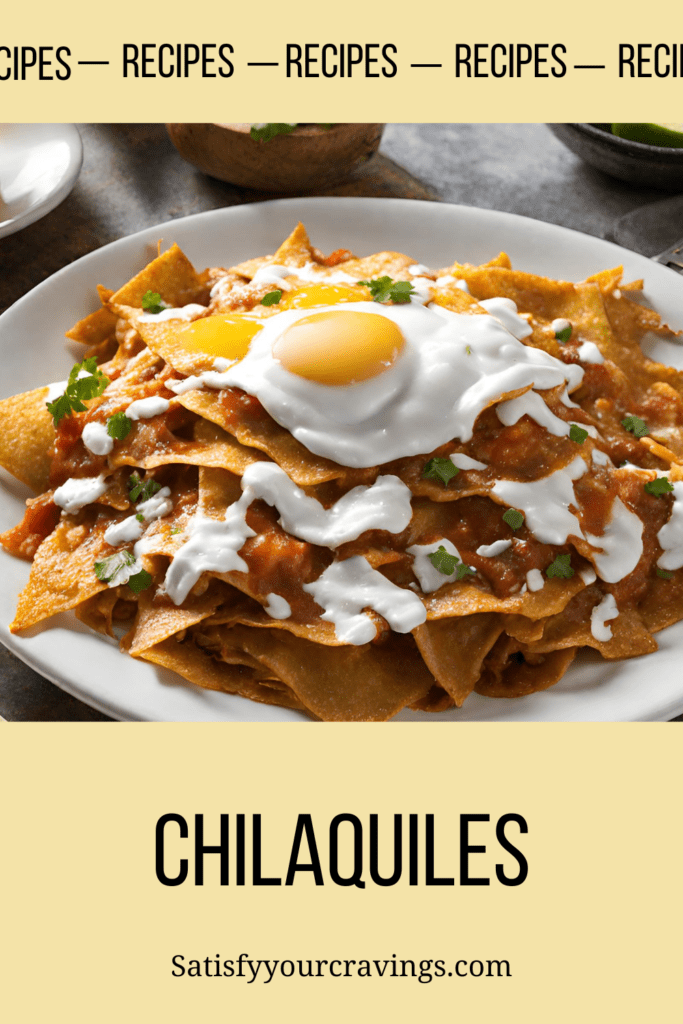 A plate of traditional chilaquiles topped with a sunny-side-up egg and drizzled with sour cream. The crispy, golden-brown tortilla chips are generously coated in a red salsa, garnished with chopped cilantro. Accompaniments include a bowl of chopped cilantro, a sliced lime, and a halved avocado, adding fresh color and inviting texture to the scene. A glass of orange juice and a small bowl of salsa sit in the background, completing this vibrant and hearty Mexican breakfast.