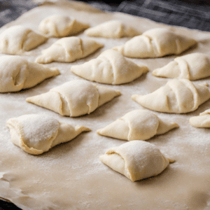 Step-by-step process of making homemade crescent dough, showing ingredients on the counter, dough being kneaded on a floured surface, shaped crescents on a baking sheet before and after rising, and the final golden-brown crescent rolls fresh out of the oven, ready to be served.