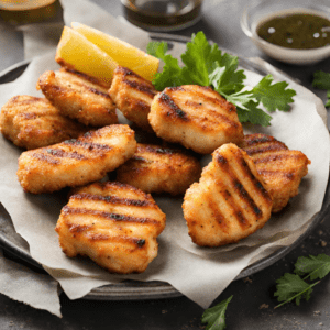 A plate of succulent grilled chicken nuggets is presented appetizingly. They boast grill marks, indicating they've been cooked over an open flame, which imparts a smoky flavor. Accompanying the nuggets are wedges of fresh lemon and sprigs of parsley, suggesting a squeeze of citrus to enhance the taste. The chicken is arranged on a piece of parchment paper, which lies on a dark, rustic plate, emphasizing the golden-brown crust of the nuggets. The setup suggests a casual yet thoughtful dining experience, with an emphasis on flavor and simplicity.