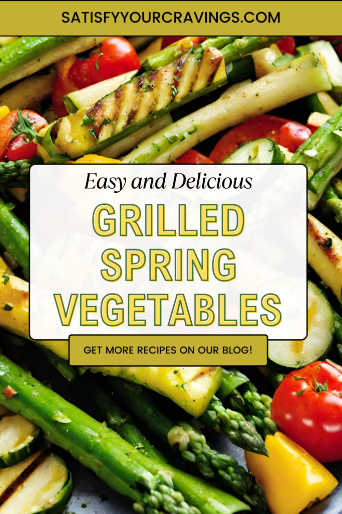 Assorted spring vegetables including zucchini, yellow squash, red bell pepper, asparagus, and cherry tomatoes grilled to perfection, garnished with fresh herbs and a lemon wedge on a wooden serving platter.