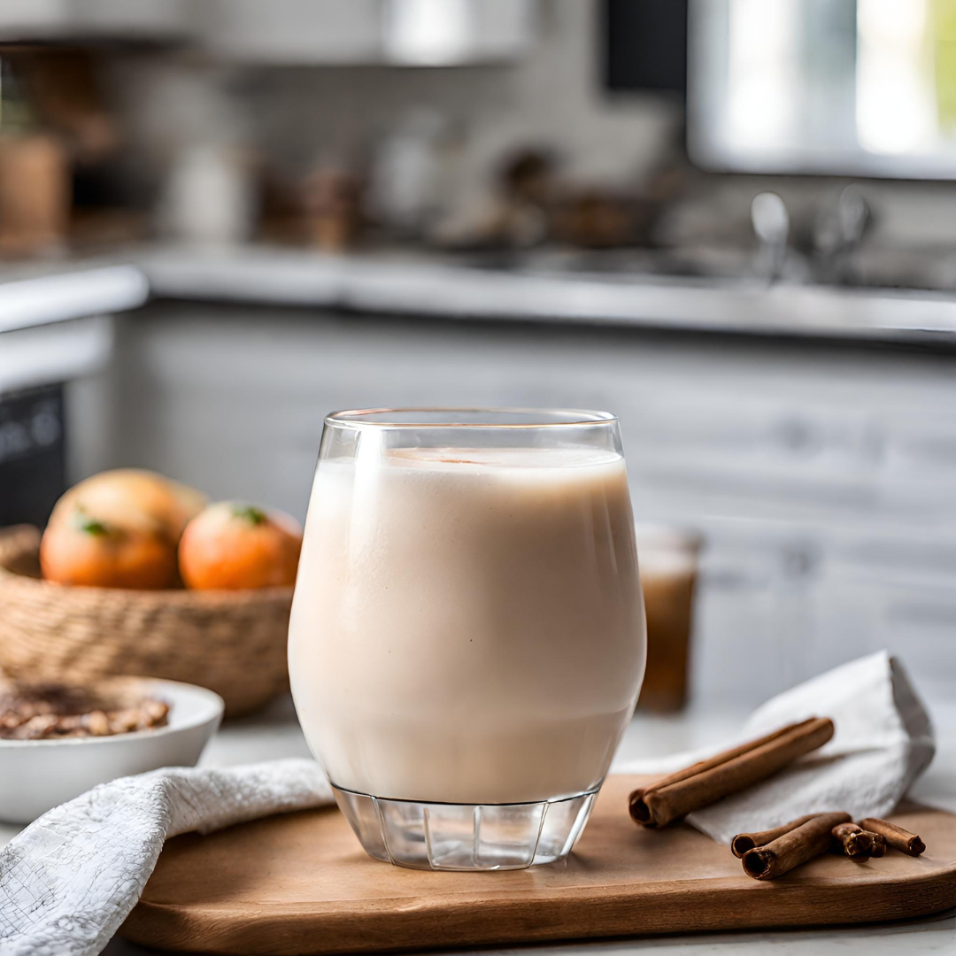 A glass of creamy homemade Horchata sits on a wooden cutting board, garnished with two cinnamon sticks. The background features a modern kitchen setting with natural light streaming in, highlighting a basket of fresh oranges and a white kitchen towel draped beside the glass.