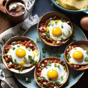 Huevos Rancheros served in individual tortilla bowls garnished with fresh cilantro and a side of salsa.