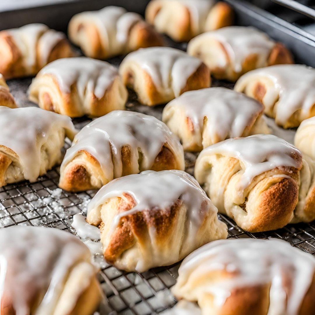 Golden-brown cinnamon crescent rolls on a white plate, drizzled with white icing, and sprinkled with cinnamon sugar, showcasing their flaky texture and inviting aroma.