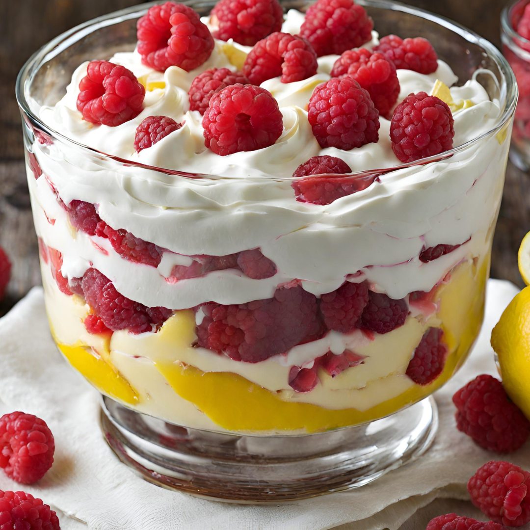 A vibrant and layered Lemon Raspberry Trifle in a clear glass bowl, showcasing fluffy whipped cream, bright yellow lemon curd, fresh red raspberries, and soft pieces of pound cake, garnished with lemon zest and a few whole raspberries on top.