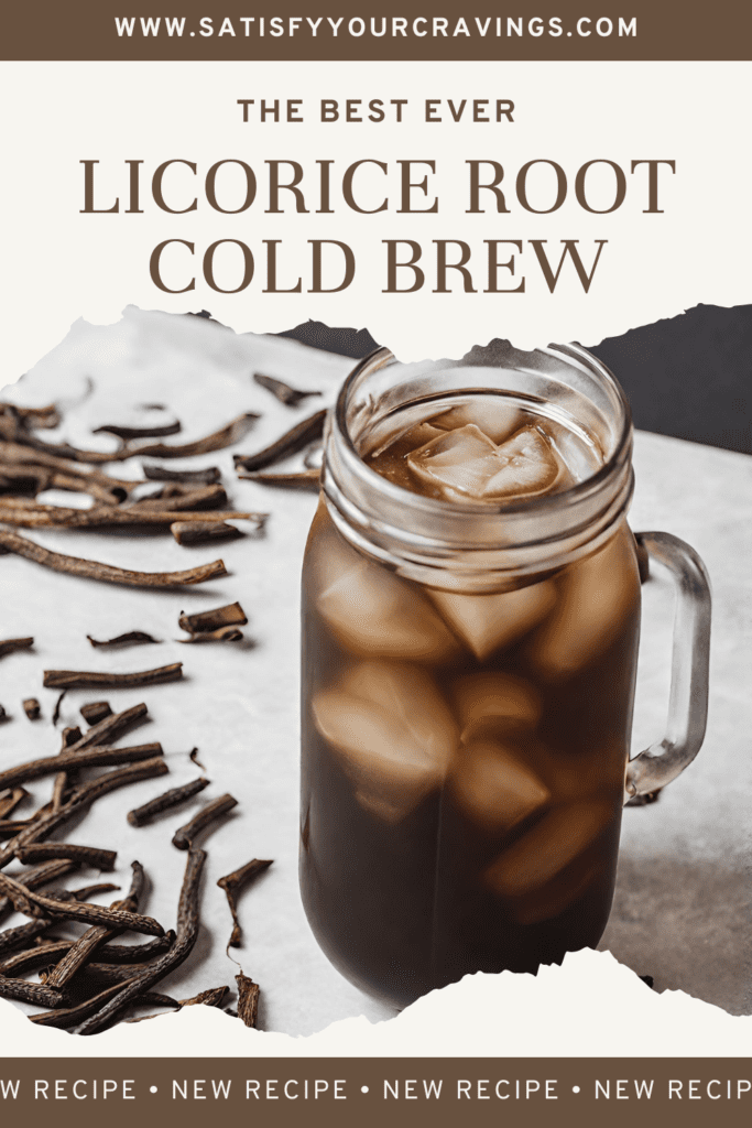 A mason jar filled with iced licorice root cold brew coffee sits on a white marble surface, surrounded by scattered, dried licorice roots. The cold brew has a deep, translucent brown hue, indicating a rich flavor, and is illuminated by natural light, highlighting the ice cubes and creating a refreshing visual appeal. The rustic appearance of the licorice roots complements the artisanal vibe of the beverage.