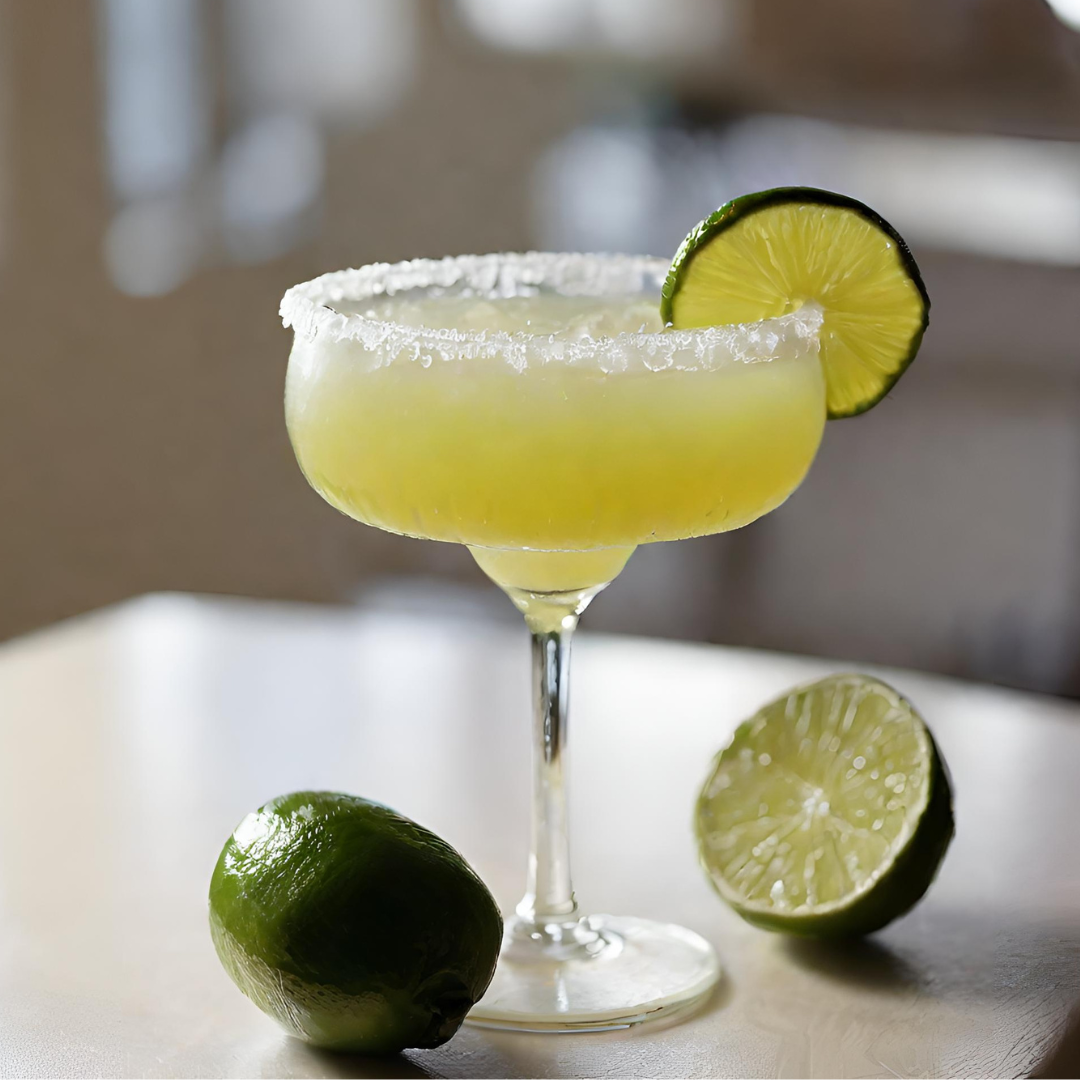 A freshly prepared classic Margarita cocktail with a salted rim, garnished with a lime wheel, displayed on a table alongside two halves of a freshly cut lime.