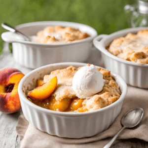 A warm, inviting serving of peach cobbler topped with a scoop of vanilla ice cream, set on a white plate with a spoon on the side, and a background of sliced peaches and a casserole dish of cobbler.