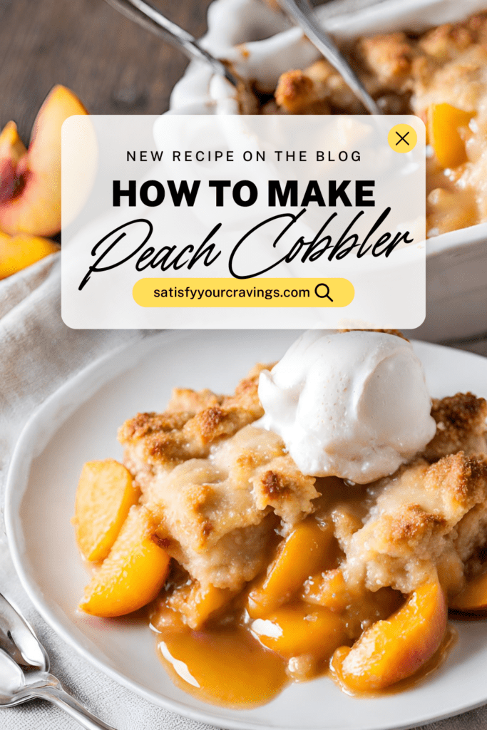 A warm, inviting serving of peach cobbler topped with a scoop of vanilla ice cream, set on a white plate with a spoon on the side, and a background of sliced peaches and a casserole dish of cobbler. The overlay text reads "New Recipe On The Blog: How To Make Peach Cobbler" with the website "satisfyyourcravings.com" featured.