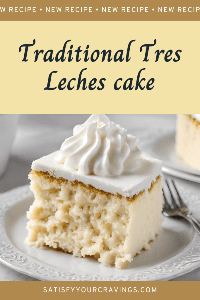 A slice of Tres Leches Cake on a white ornate plate, topped with a generous swirl of whipped cream. The cake has a moist texture visible from the soaked layers, showcasing a rich and creamy consistency.