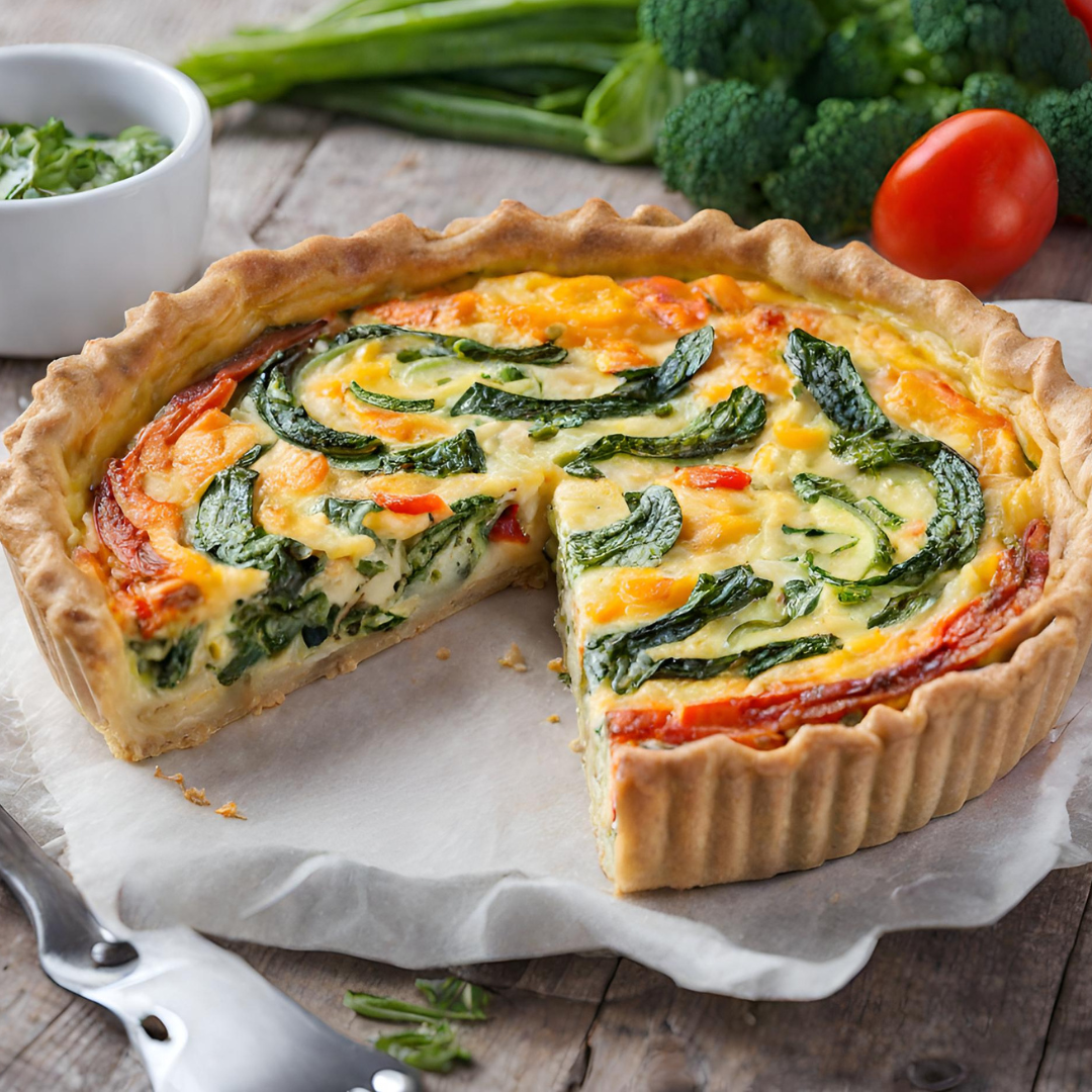 "Step-by-step images of preparing a vegetable quiche: Starting with raw ingredients like eggs, vegetables, cheese, and a pie crust on a kitchen counter. Progresses through stages of chopping vegetables, sautéing them lightly, whisking eggs with cream, layering ingredients in the pie crust, and ends with a golden-brown baked quiche cooling on a wire rack. Each image captures the simplicity and wholesomeness of the recipe, suitable for a healthy and satisfying meal.