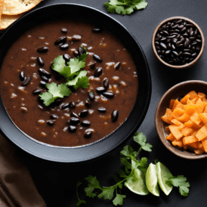 A delicious bowl of homemade black bean soup garnished with fresh cilantro, served alongside lime wedges and diced carrots, embodying a healthy and hearty meal option.