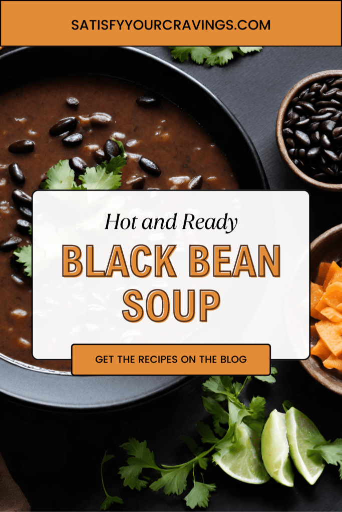 A delicious bowl of homemade black bean soup garnished with fresh cilantro, served alongside lime wedges and diced carrots, embodying a healthy and hearty meal option.