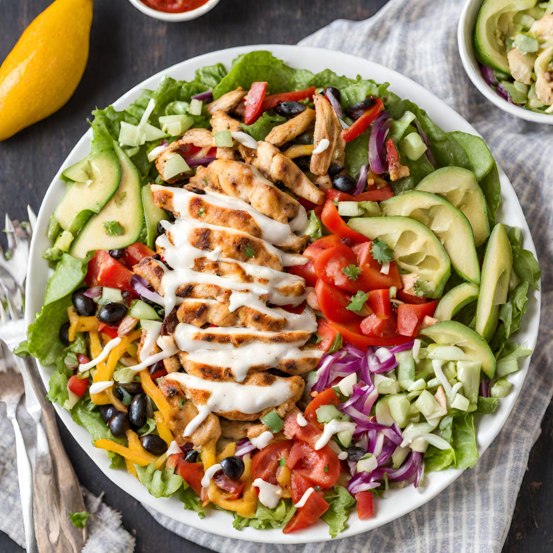 Colorful chicken fajita salad topped with creamy dressing on a white plate, featuring grilled chicken strips, avocado slices, black beans, cherry tomatoes, chopped red onions, shredded cheese, and a mix of red, yellow, and green bell pepper strips on a bed of crisp romaine lettuce, garnished with fresh cilantro.